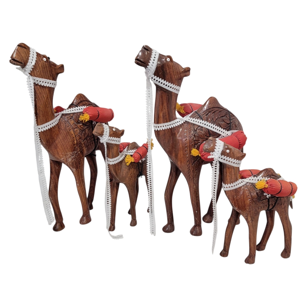 Vintage Hand Carved Wooden Camels Boho Arabian Caravan Figurines Animal Decor